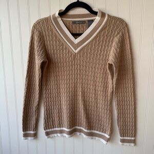 Liz Claiborne Cable Knit V-Neck Sweater Medium Tan Neutral Classic